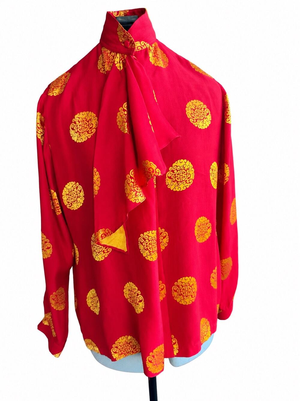 Red & Gold Silk Medallion Tie-Neck Blouse